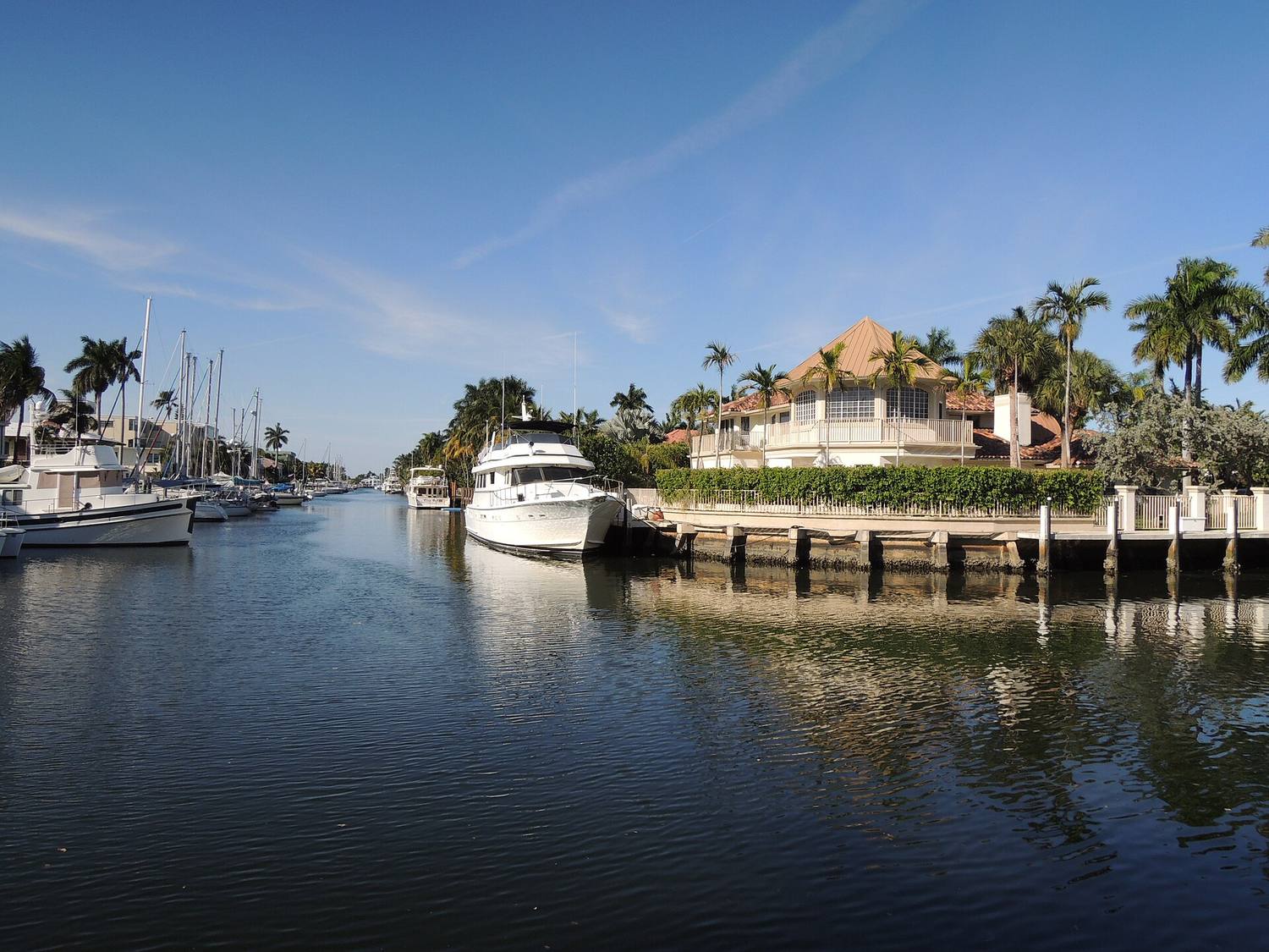 Waterfront homes with docked boats along a palm-lined canal