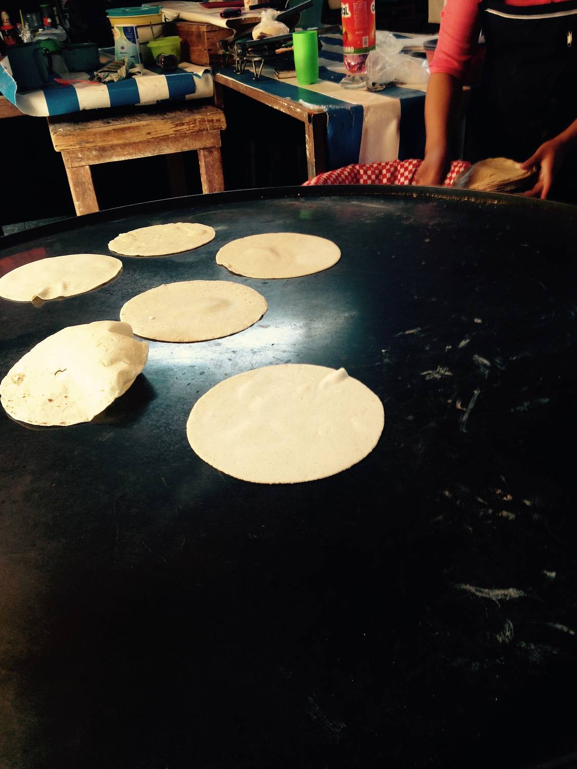 Fresh corn tortillas cooking on a large round comal